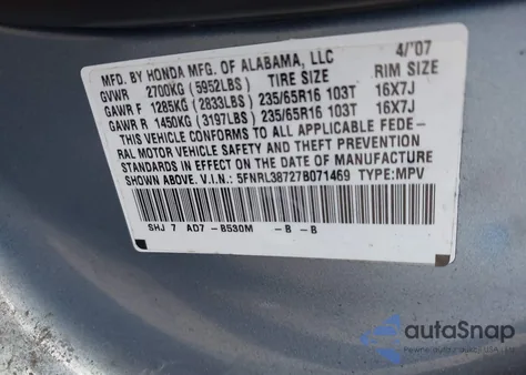 2007 Honda Odyssey Ex-L из США, поврежденный, VIN 5FNRL38727B071469